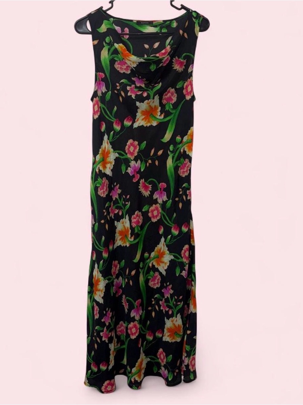 Natori Black Floral Cowl Neck Maxi Dress with Pink & Green Blooms